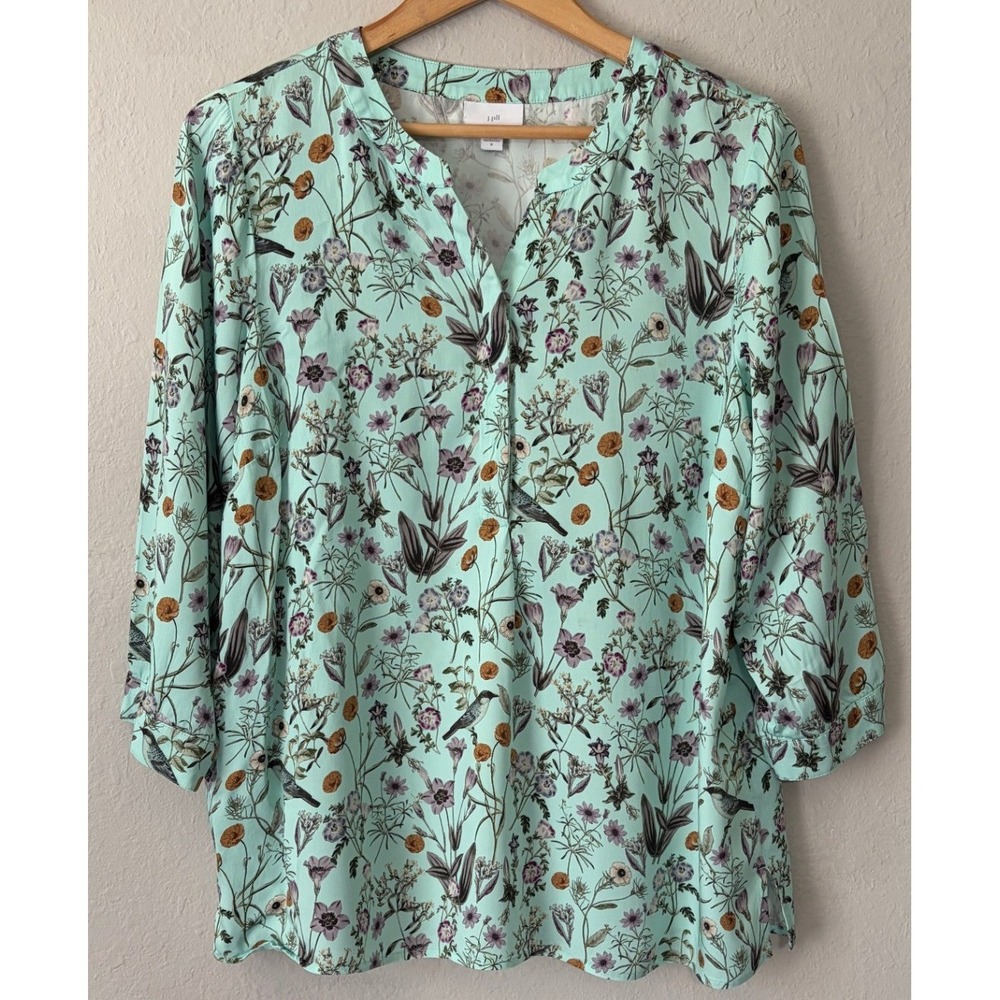 J. Jill Womens Floral Bird Print V-Neck Blouse M Blue Sustainable Top Popover